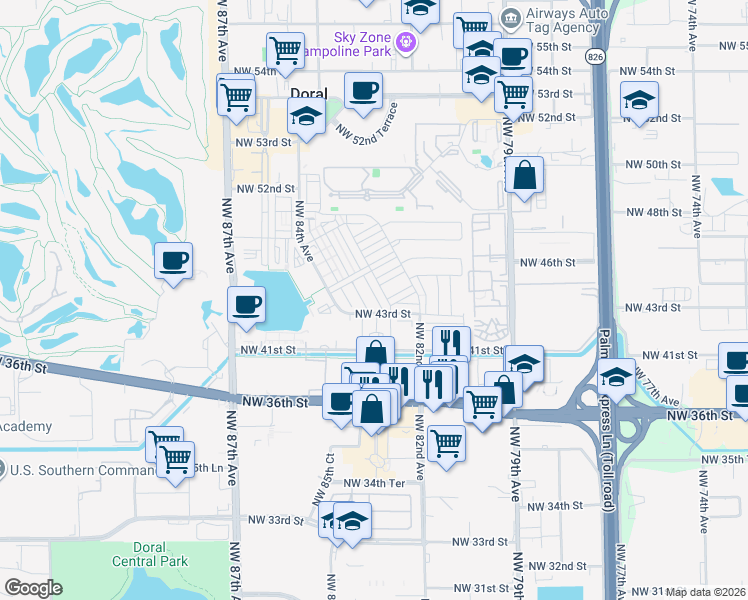 map of restaurants, bars, coffee shops, grocery stores, and more near 7901 Northwest 41st Street in Doral