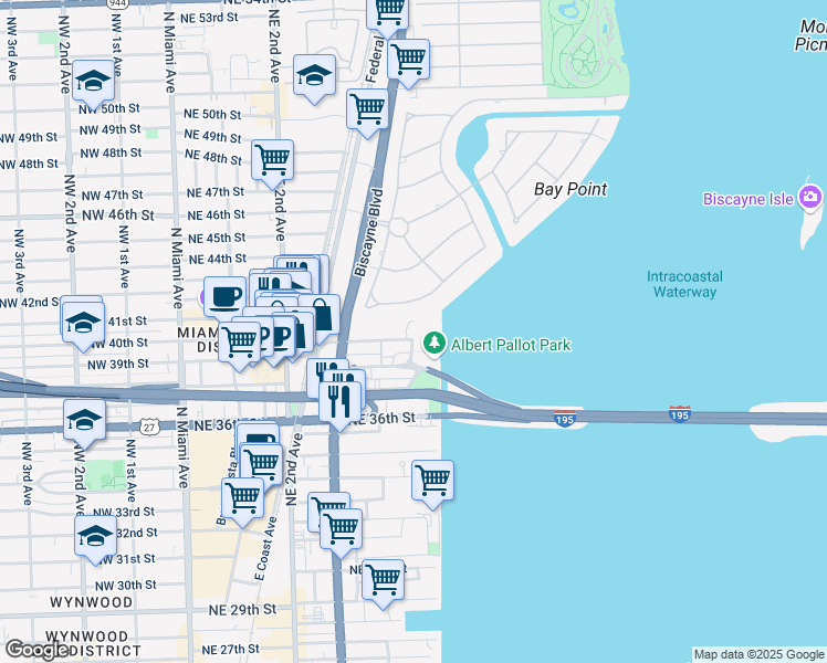 map of restaurants, bars, coffee shops, grocery stores, and more near 601 Northeast 39th Street in Miami