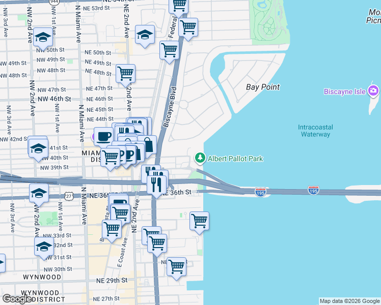 map of restaurants, bars, coffee shops, grocery stores, and more near 601 Northeast 39th Street in Miami