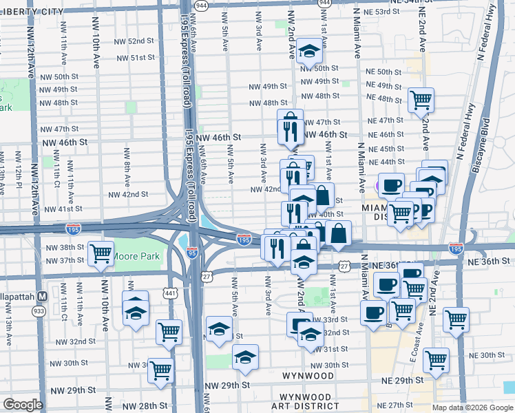 map of restaurants, bars, coffee shops, grocery stores, and more near 315 Northwest 40th Street in Miami