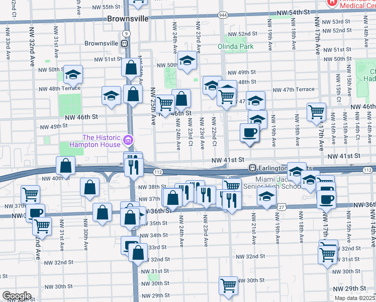 map of restaurants, bars, coffee shops, grocery stores, and more near 4103 Northwest 23rd Court in Miami