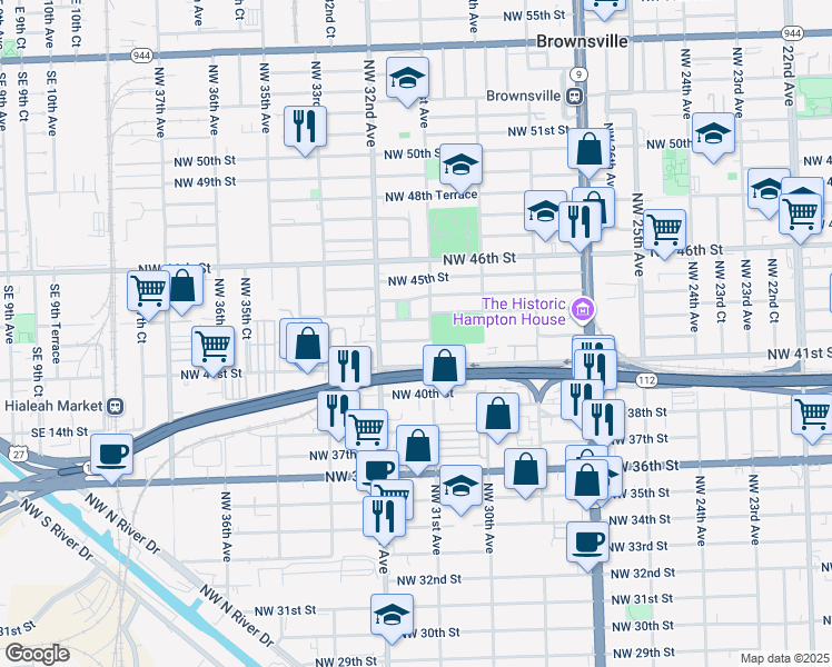 map of restaurants, bars, coffee shops, grocery stores, and more near 3125 Northwest 42nd Street in Miami