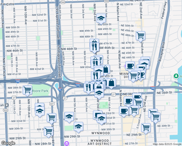 map of restaurants, bars, coffee shops, grocery stores, and more near 250 Northwest 41st Street in Miami