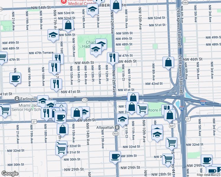 map of restaurants, bars, coffee shops, grocery stores, and more near 1250 Northwest 41st Street in Miami