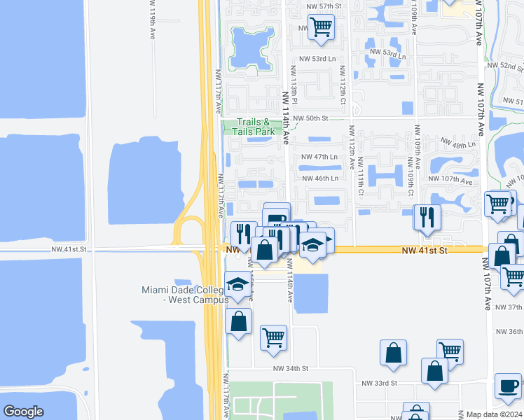 map of restaurants, bars, coffee shops, grocery stores, and more near 4321 Northwest 114th Path in Doral