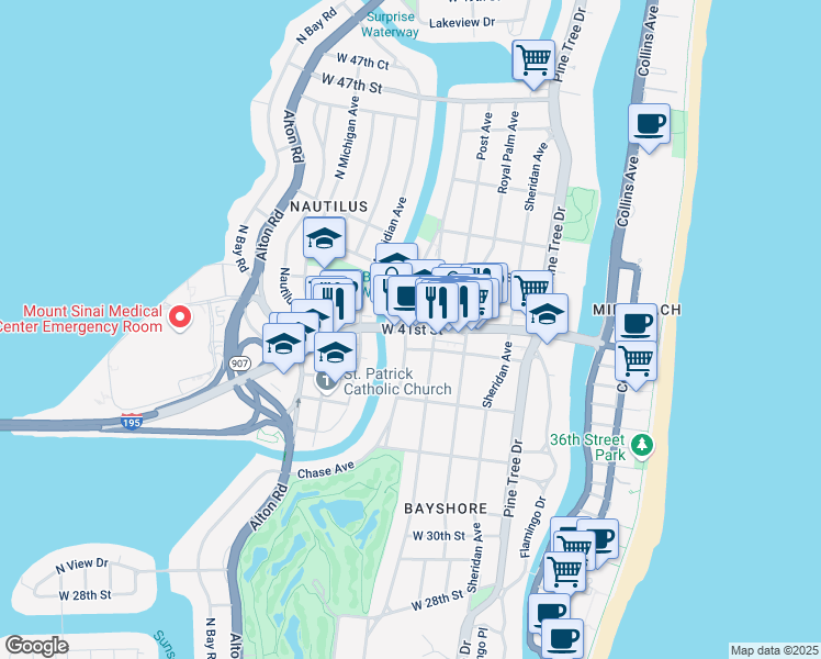 map of restaurants, bars, coffee shops, grocery stores, and more near 740 West 41st Street in Miami Beach