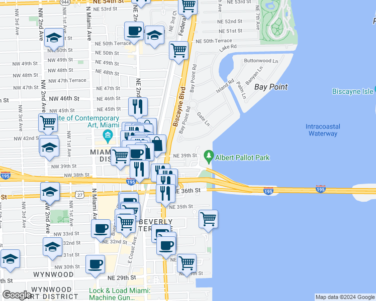 map of restaurants, bars, coffee shops, grocery stores, and more near 531 Northeast 39th Street in Miami
