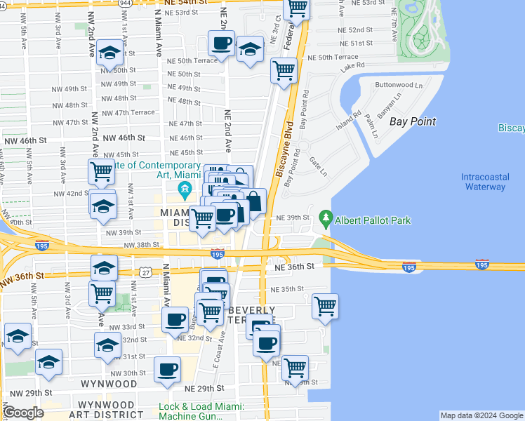 map of restaurants, bars, coffee shops, grocery stores, and more near 10 Federal Highway in Miami