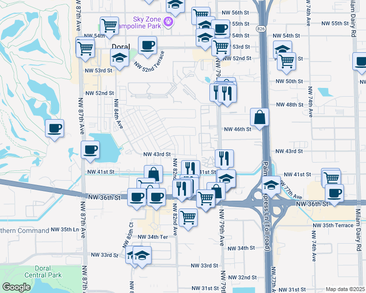 map of restaurants, bars, coffee shops, grocery stores, and more near 4360 Northwest 79th Avenue in Doral