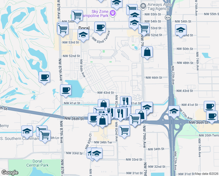 map of restaurants, bars, coffee shops, grocery stores, and more near 7901 Northwest 41st Street in Doral