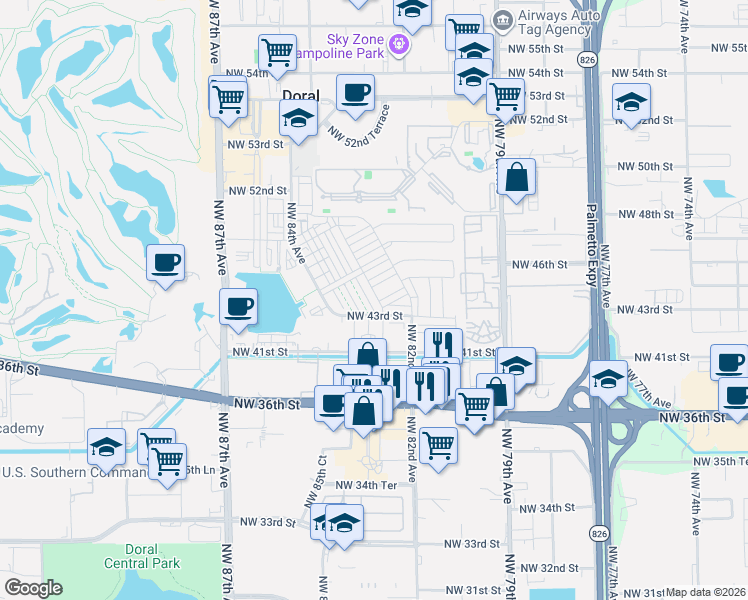 map of restaurants, bars, coffee shops, grocery stores, and more near 7901 Northwest 41st Street in Doral