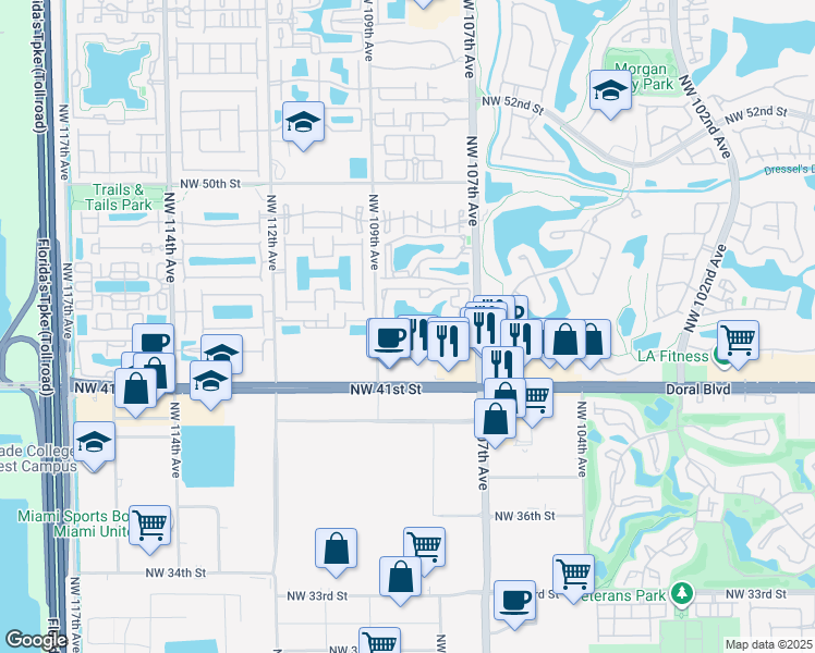 map of restaurants, bars, coffee shops, grocery stores, and more near 158 Northwest 107th Avenue in Doral
