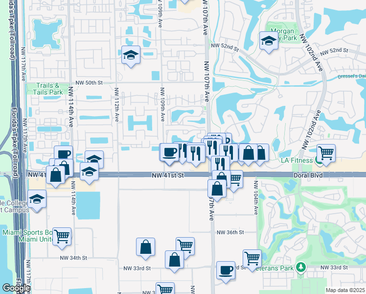 map of restaurants, bars, coffee shops, grocery stores, and more near 69 Northwest 107th Avenue in Doral