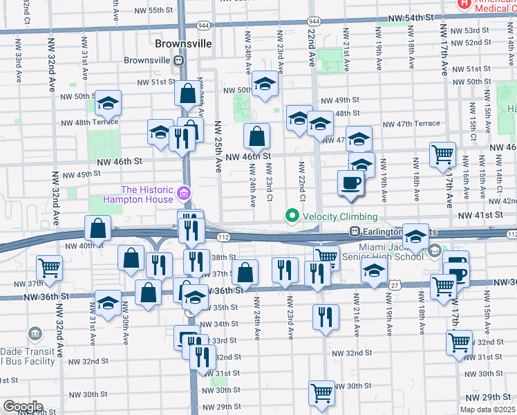 map of restaurants, bars, coffee shops, grocery stores, and more near 2402 Northwest 42nd Street in Miami