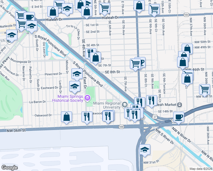 map of restaurants, bars, coffee shops, grocery stores, and more near 501 South Royal Poinciana Boulevard in Miami Springs