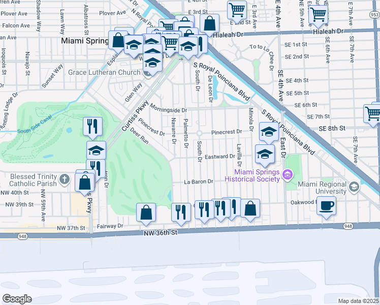 map of restaurants, bars, coffee shops, grocery stores, and more near 384 Palmetto Drive in Miami Springs