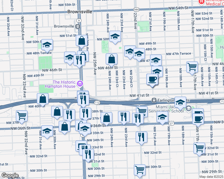 map of restaurants, bars, coffee shops, grocery stores, and more near 2402 Northwest 42nd Street in Miami