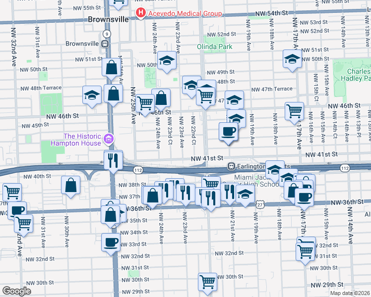 map of restaurants, bars, coffee shops, grocery stores, and more near 2251 Northwest 41st Street in Miami