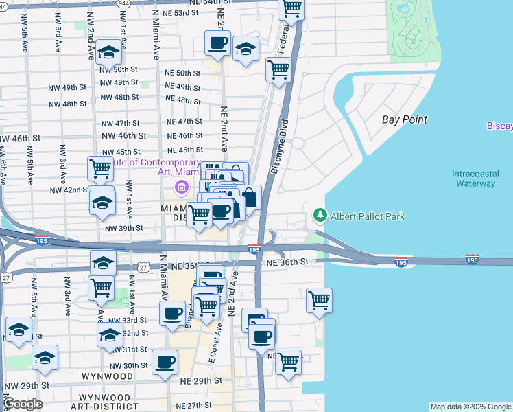 map of restaurants, bars, coffee shops, grocery stores, and more near 10 Federal Highway in Miami