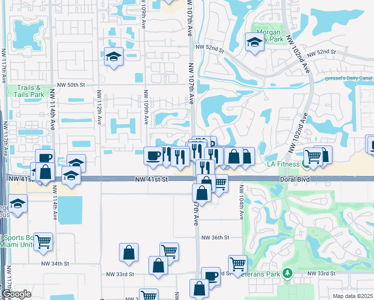 map of restaurants, bars, coffee shops, grocery stores, and more near 34 Northwest 107th Avenue in Doral