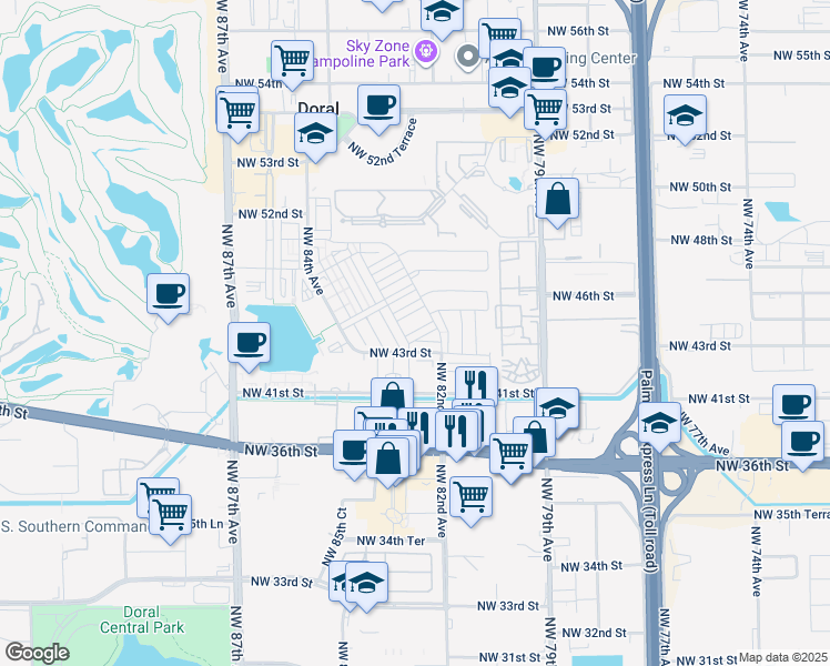 map of restaurants, bars, coffee shops, grocery stores, and more near 7901 Northwest 41st Street in Doral