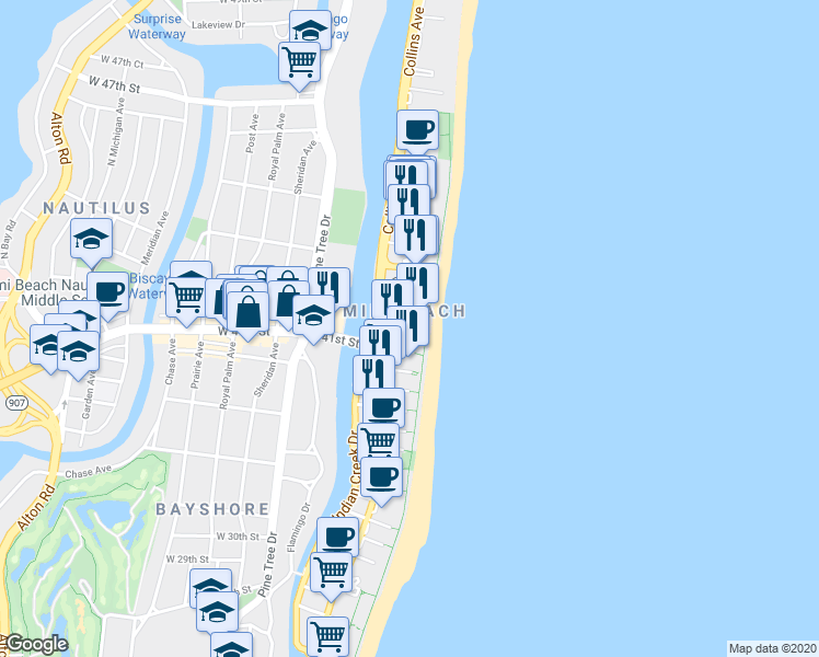 map of restaurants, bars, coffee shops, grocery stores, and more near in Miami Beach