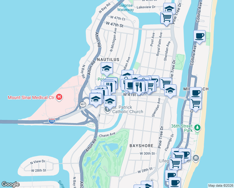 map of restaurants, bars, coffee shops, grocery stores, and more near West 41st Street & Meridian Avenue in Miami Beach