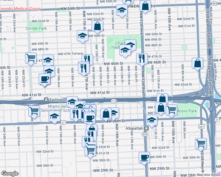 map of restaurants, bars, coffee shops, grocery stores, and more near 4100 Northwest 14th Avenue in Miami