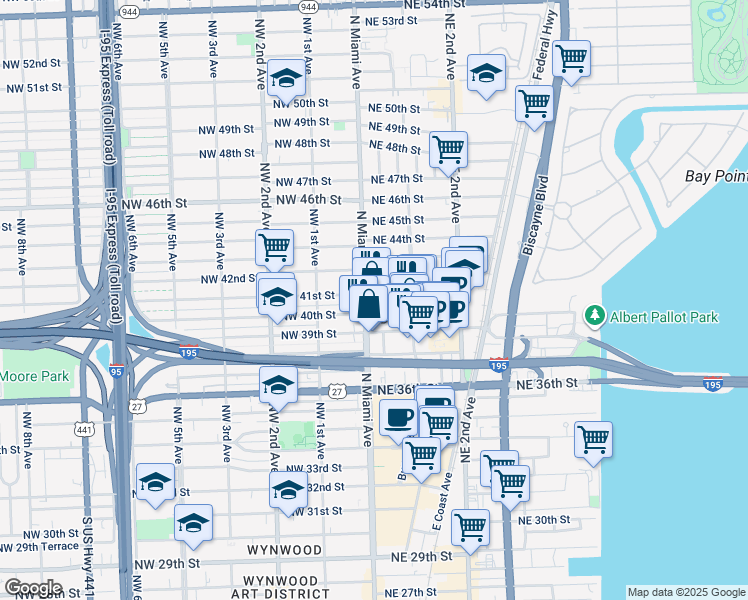map of restaurants, bars, coffee shops, grocery stores, and more near 51 Northeast 40th Street in Miami