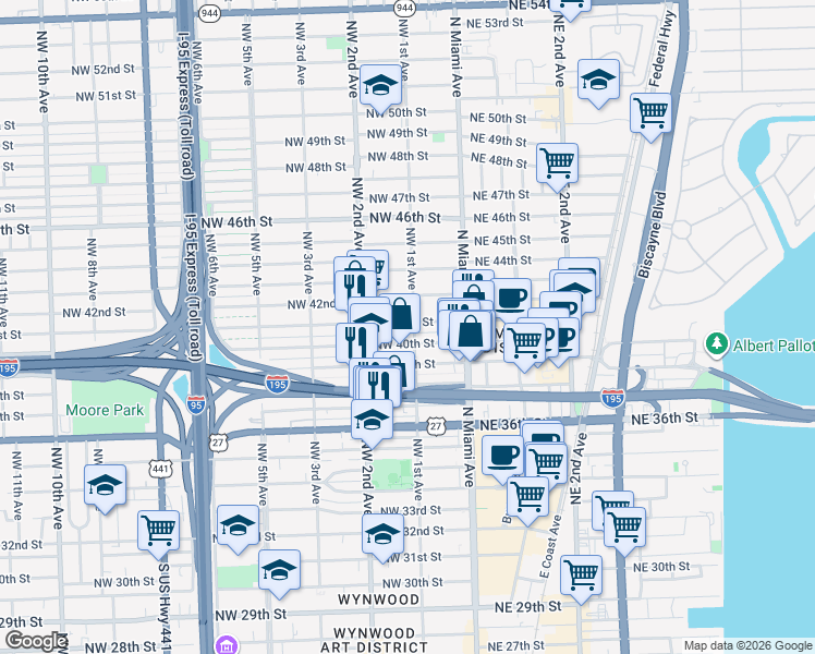 map of restaurants, bars, coffee shops, grocery stores, and more near 97 Northwest 40th Street in Miami