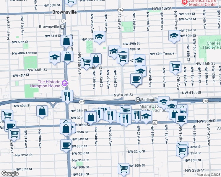 map of restaurants, bars, coffee shops, grocery stores, and more near 2251 Northwest 41st Street in Miami