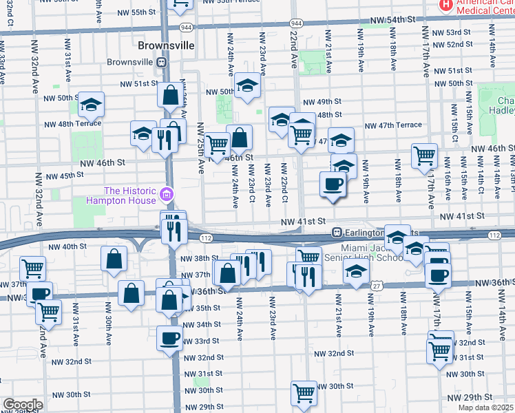 map of restaurants, bars, coffee shops, grocery stores, and more near 4103 Northwest 23rd Court in Miami