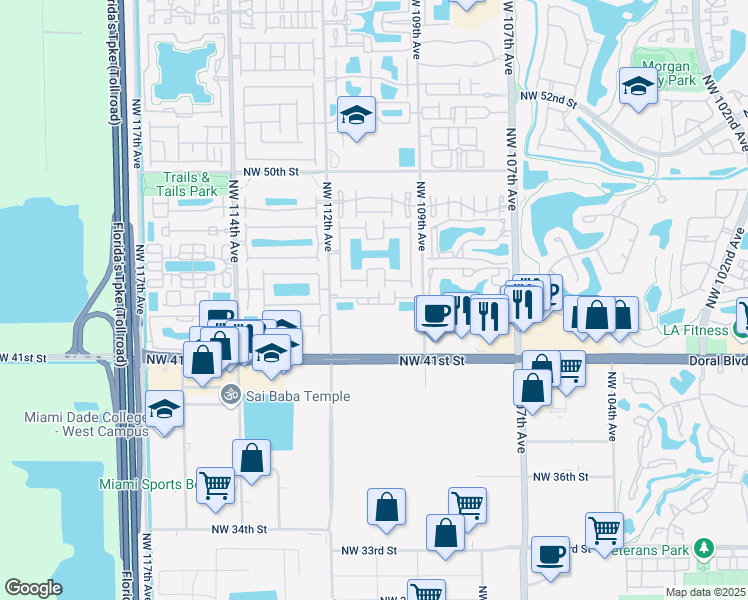 map of restaurants, bars, coffee shops, grocery stores, and more near 11026 Northwest 43rd Terrace in Doral