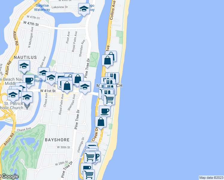 map of restaurants, bars, coffee shops, grocery stores, and more near in Miami Beach
