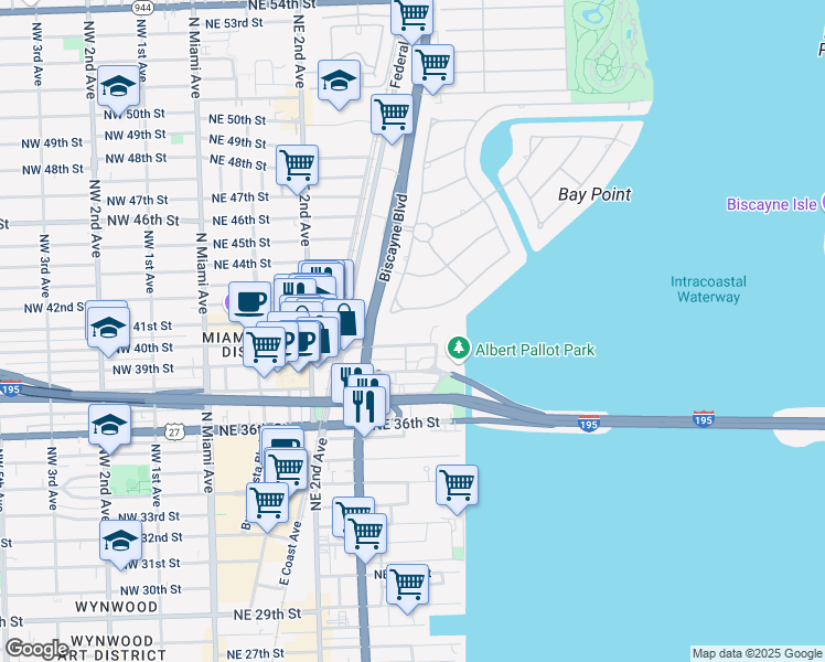 map of restaurants, bars, coffee shops, grocery stores, and more near 455 Northeast 39th Street in Miami