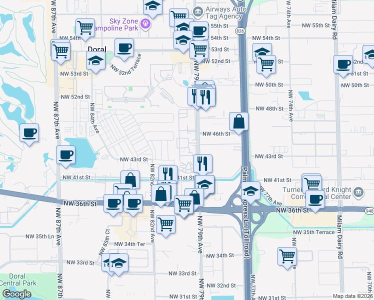 map of restaurants, bars, coffee shops, grocery stores, and more near 4350 Northwest 79th Avenue in Doral