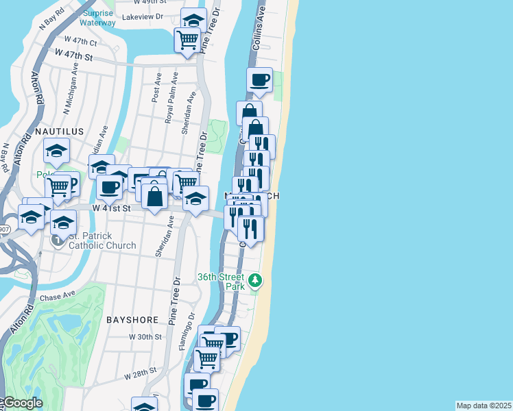 map of restaurants, bars, coffee shops, grocery stores, and more near in Miami Beach