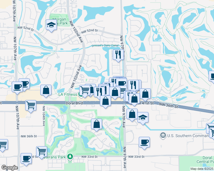 map of restaurants, bars, coffee shops, grocery stores, and more near 9811 Northwest 43rd Terrace in Doral