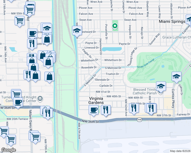 map of restaurants, bars, coffee shops, grocery stores, and more near 300 South Melrose Drive in Miami Springs