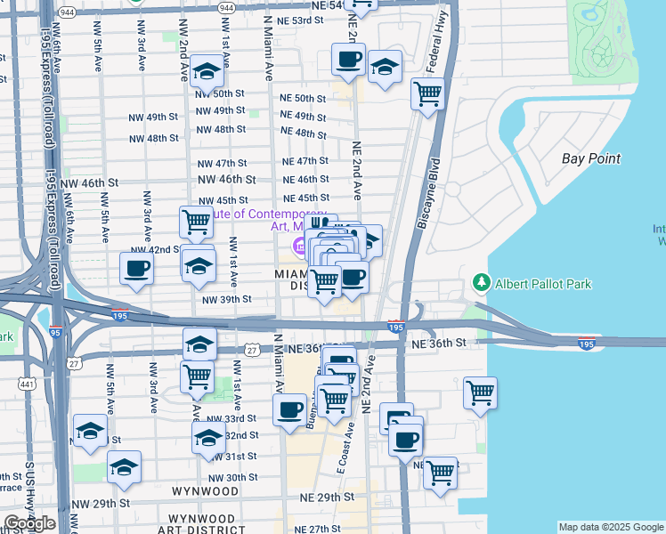 map of restaurants, bars, coffee shops, grocery stores, and more near 130 Northeast 41st Street in Miami