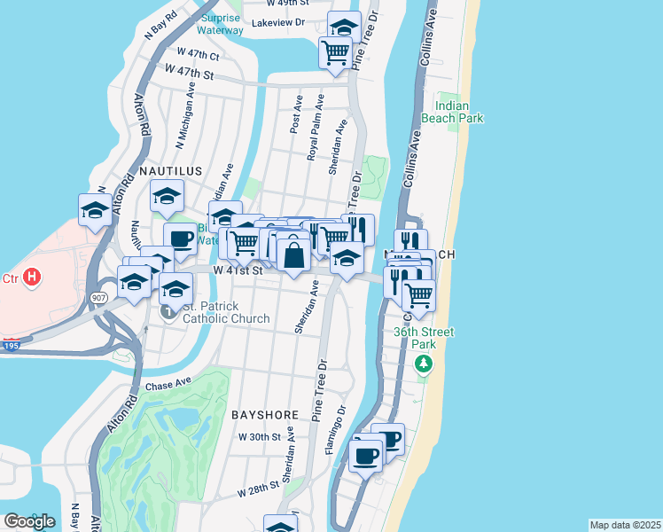map of restaurants, bars, coffee shops, grocery stores, and more near 301 West 41st Street in Miami Beach
