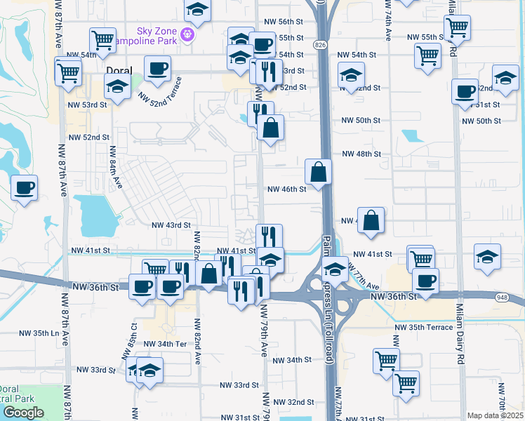 map of restaurants, bars, coffee shops, grocery stores, and more near 4421 Northwest 79th Avenue in Medley