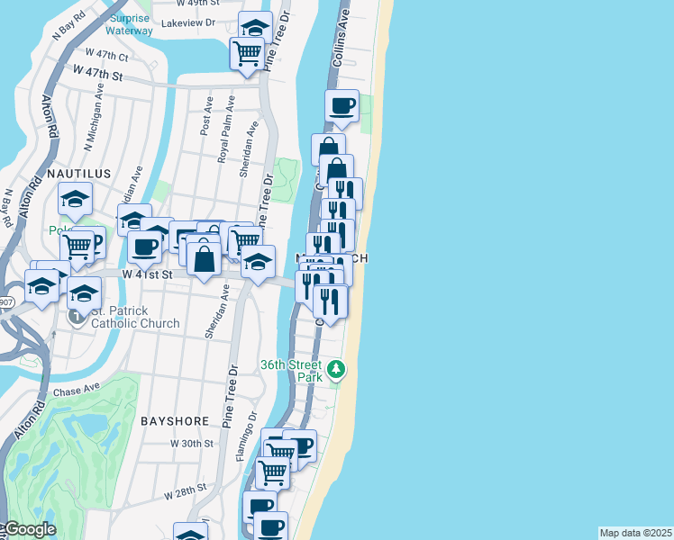 map of restaurants, bars, coffee shops, grocery stores, and more near in Miami Beach