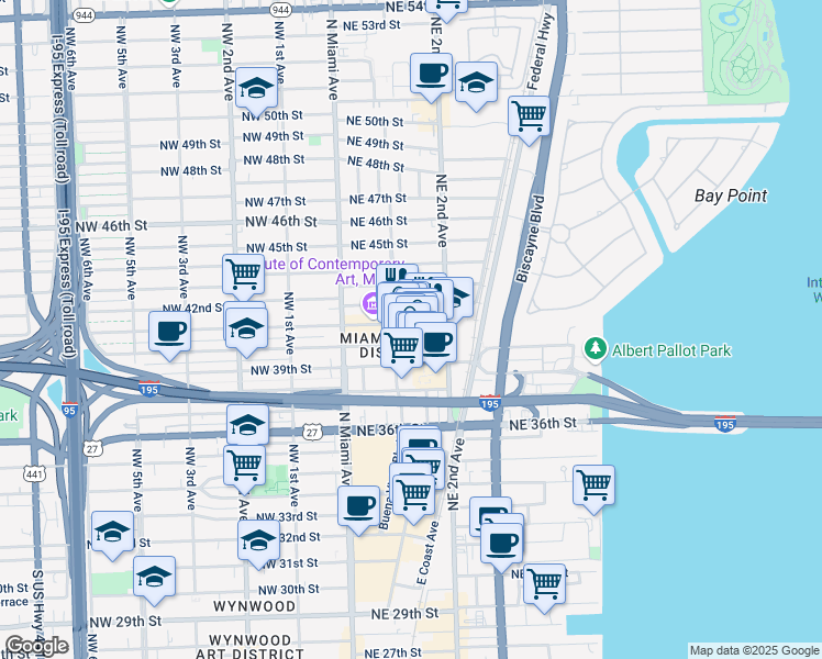 map of restaurants, bars, coffee shops, grocery stores, and more near in Miami