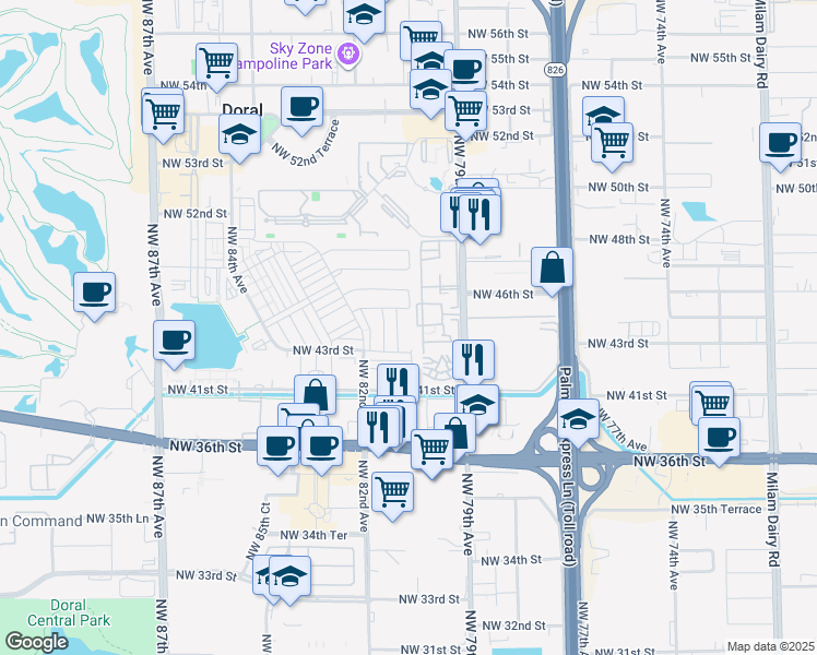 map of restaurants, bars, coffee shops, grocery stores, and more near 4360 Northwest 79th Avenue in Doral