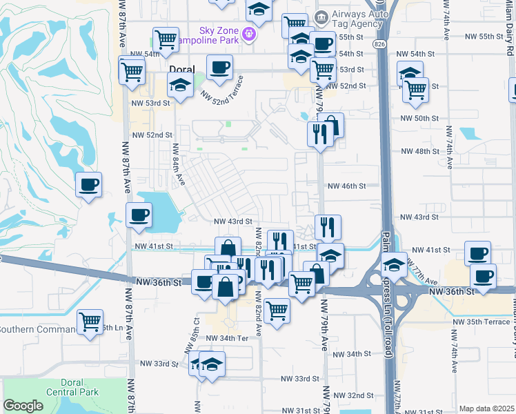 map of restaurants, bars, coffee shops, grocery stores, and more near 8219 Northwest 43rd Terrace in Doral