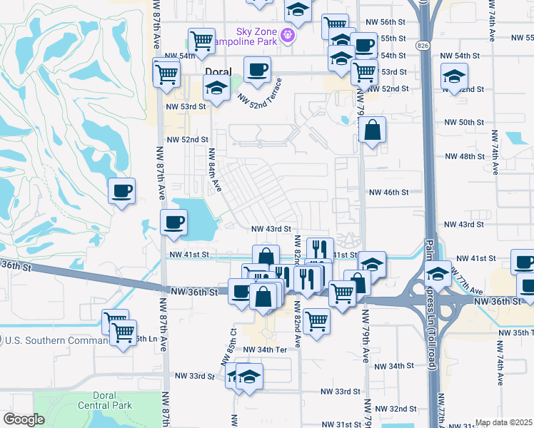 map of restaurants, bars, coffee shops, grocery stores, and more near 7901 Northwest 41st Street in Doral