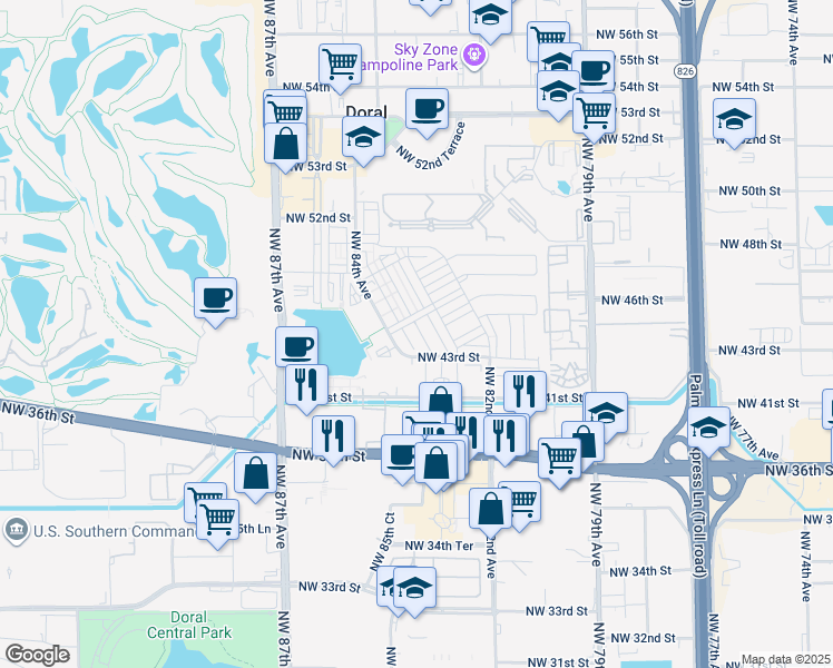 map of restaurants, bars, coffee shops, grocery stores, and more near 8381 Northwest 43rd Street in Doral