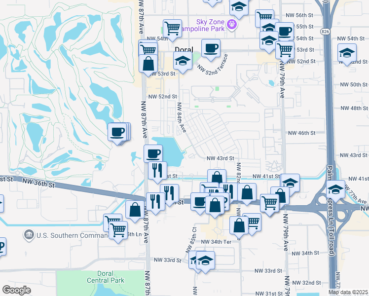 map of restaurants, bars, coffee shops, grocery stores, and more near 4636 Northwest 84th Avenue in Doral