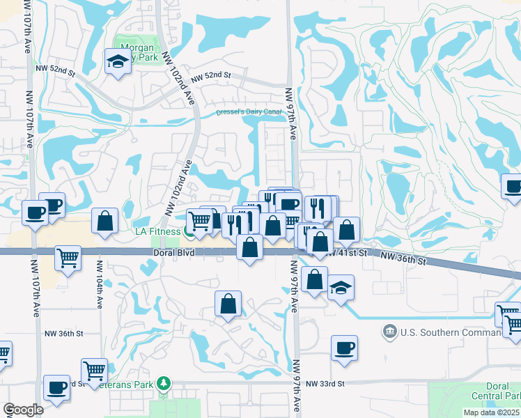 map of restaurants, bars, coffee shops, grocery stores, and more near 4414 Northwest 97th Place in Doral